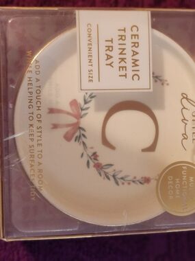 White Ceramic Trinket Tray with Pink Floral Wreath and Gold Monogram C